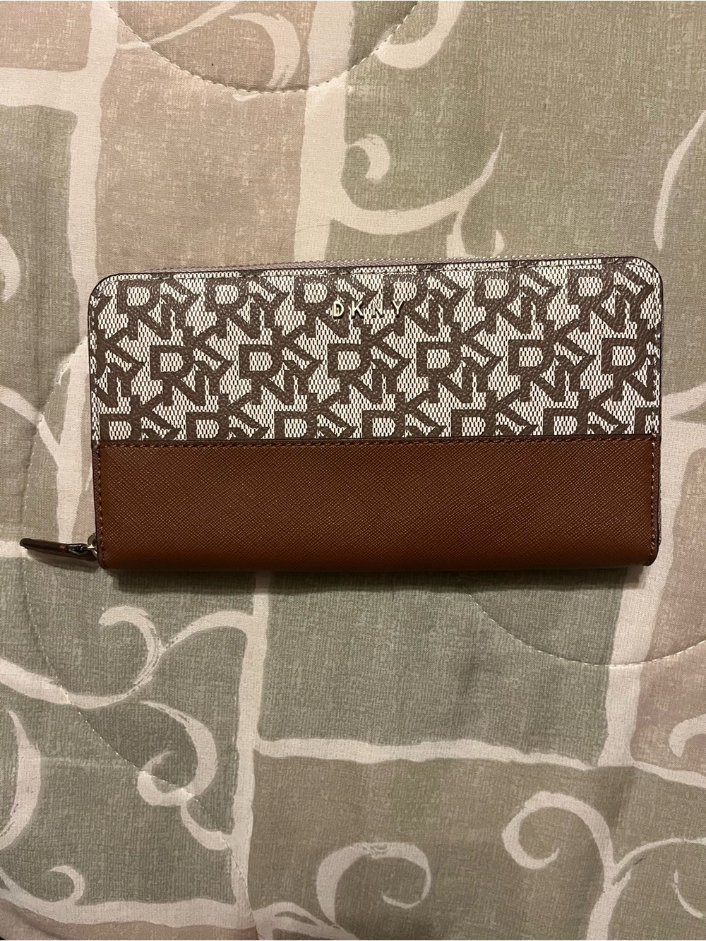 DKNY Brown and White Monogram Zip Wallet